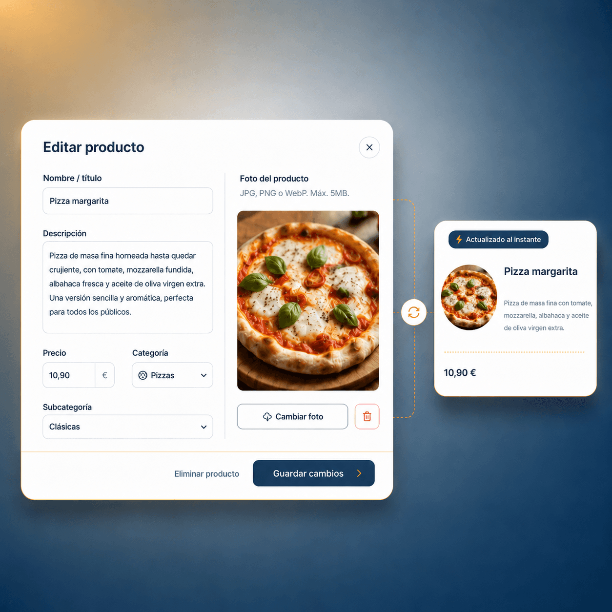 Panel de edición de producto sincronizado con la carta digital